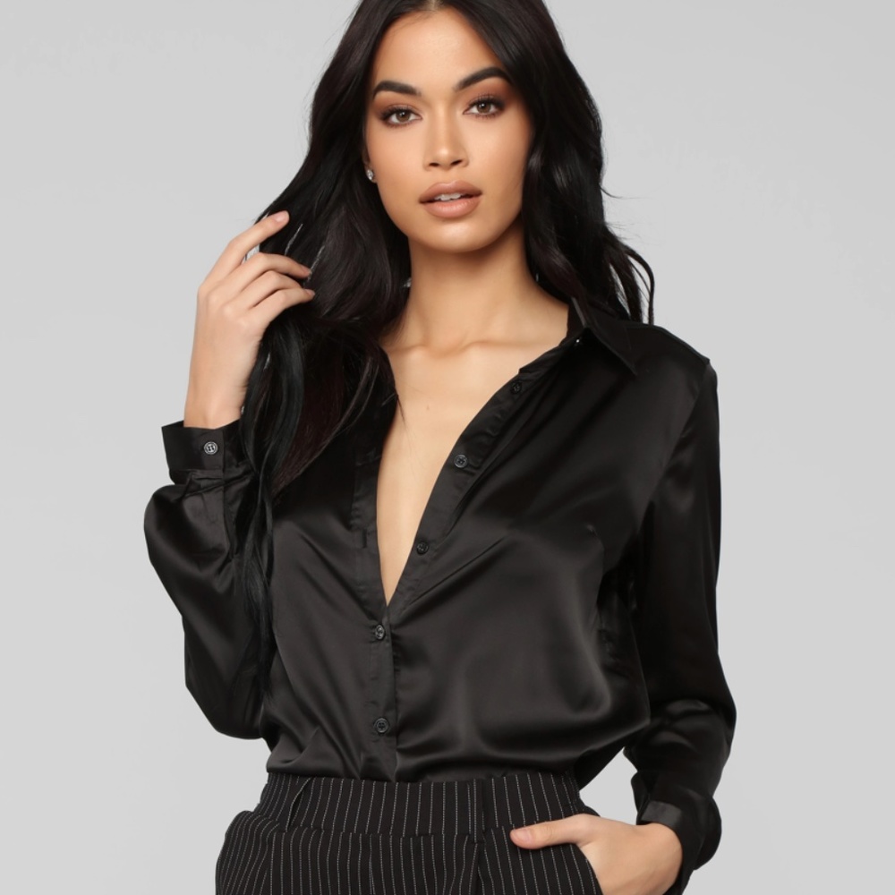 Fashion Nova Black Satin Button Down Long Sleeve Blouse Top